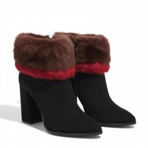 Mimosa Italy Black Faux Fur Trim Ankle Boots - Block Heel Statement Winter Style